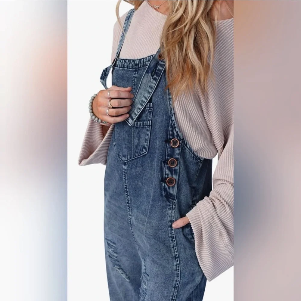 Women’s Denim Loose Fit Summer Baggy Distressed Adjustable Strap Overalls - Picture 3 of 7